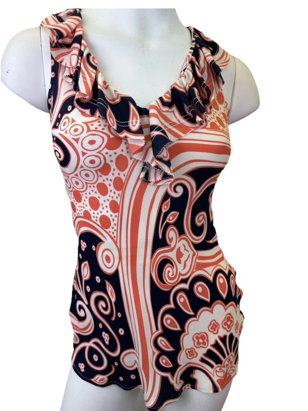 Tory Burch Coral & Navy Printed Ruffle V-Neck Camisole